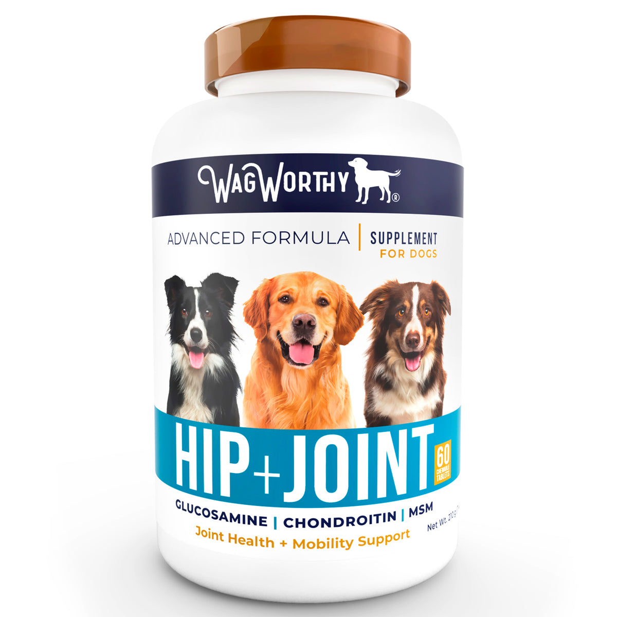 60-count bottle of WagWorthy Hip + Joint glucosamine, chondroitin, and MSM joint supplement for dogs